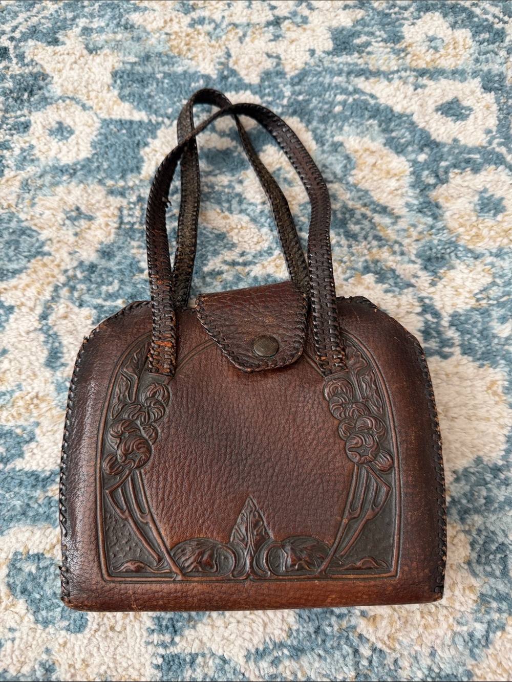 Vintage Bosca Built Handcrafted Brown Tooled Leather Shoulder Bag